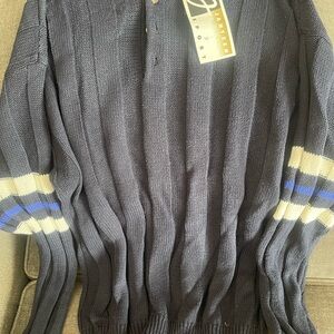 Jantzen Men's Black Cardigan with Blue and Cream Stripes